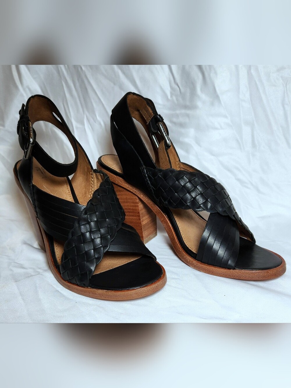 Frye Sara Criss Cross Braided Black Leather Sandal Size 6.5M Block Heel Shoes